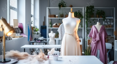 Mannequins Standing in studio with various Sewing Items and Colorful Fabrics Laying around, Fashion in workshop.