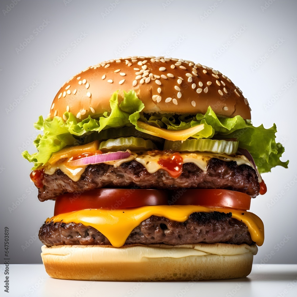 A mouthwatering photo captures the essence of a classic hamburger, featuring a juicy beef patty, cheese, fresh lettuce, tomato, and onions, all embraced by a soft bun, delivering an iconic and satisfy A mouthwatering photo captures the essence of a classic hamburger, featuring a juicy beef patty, cheese, fresh lettuce, tomato, and onions, all embraced by a soft bun, delivering an iconic and satisfy