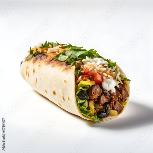 AMexican burrito, filled with flavorful ingredients like rice, beans, guacamole, salsa, and more, wrapped in a tortilla, offering a satisfying Tex-Mex treat.