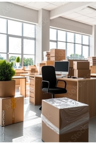 Office filled with cardboard boxes, Moving day. © visoot