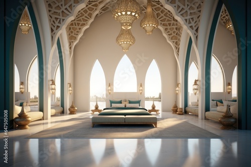 Bedroom, Modern architecture and Islamic ornates boho style as accent wall building with light. © visoot