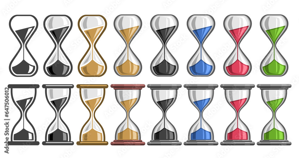 Vector Hourglass Set, decorative banner lot collection of 16 cut out illustrations of different colorful hourglasses, group of many contemporary clock symbols for time management on white background Vector Hourglass Set, decorative banner lot collection of 16 cut out illustrations of different colorful hourglasses, group of many contemporary clock symbols for time management on white background
