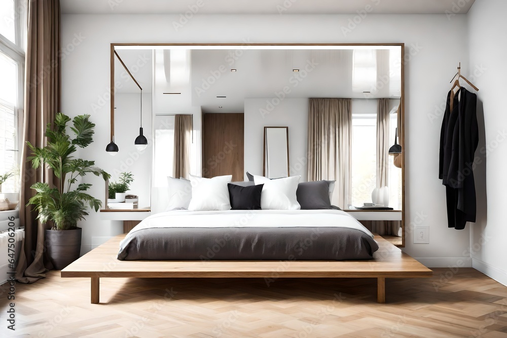 a minimalist bedroom with a platform bed, crisp white linens, and a large, unadorned mirror.