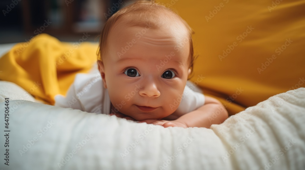 Adorable little baby boy lying on a yellow couch. Adorable little baby boy lying on a yellow couch.
