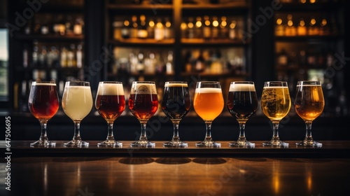  Brews: Glasses of Craft Beer Arranged on a Bar Counter