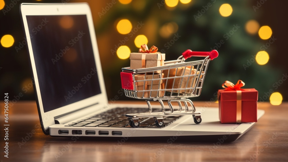 shopping cart with laptop