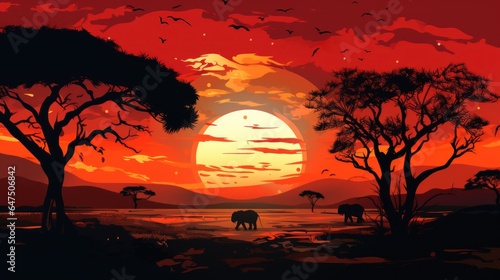 Sunset scene, African landscape with silhouettes of wild animals vector illustration.