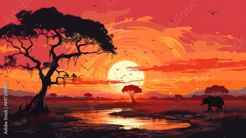 African landscape with silhouettes of wild animals vector illustration.