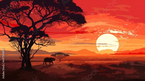 Sunset scene, African landscape with silhouettes of wild animals vector illustration.