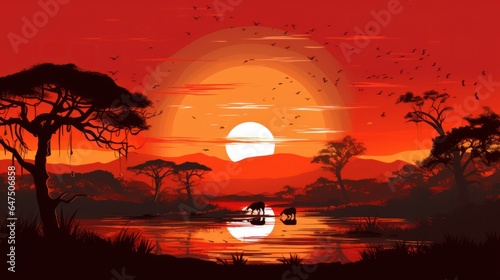 Sunset scene, African landscape with silhouettes of wild animals vector illustration.