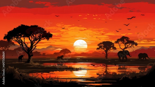 Sunset scene  African landscape with silhouettes of wild animals vector illustration.