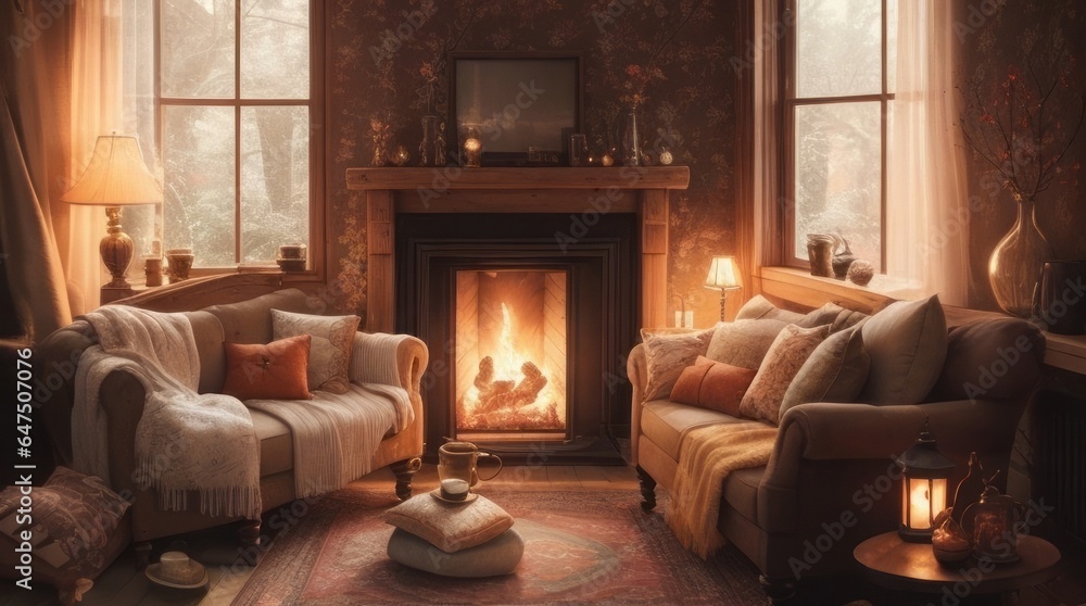 Fototapeta premium Cozy living room with fireplace and sofas.