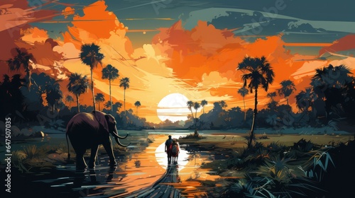 People on elephants travel around in Thailand. With nature in the forest of the Eastern way of life, vector illustration