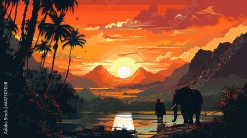 People on elephants travel around in Thailand. With nature in the forest of the Eastern way of life, vector illustration