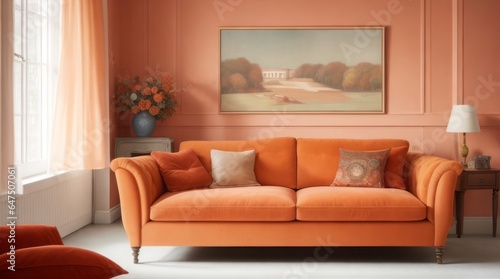 Living room interior with orange sofa and paintings on wall