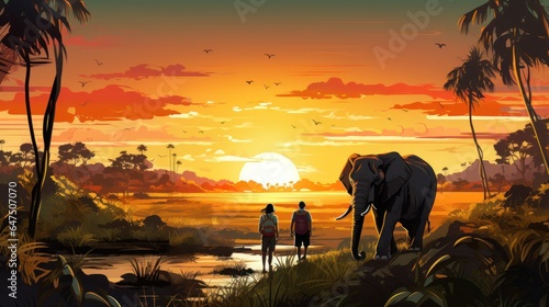 People on elephants travel around in Thailand. With nature in the forest of the Eastern way of life, vector illustration