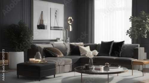 Interior of modern living room with grey sofa.