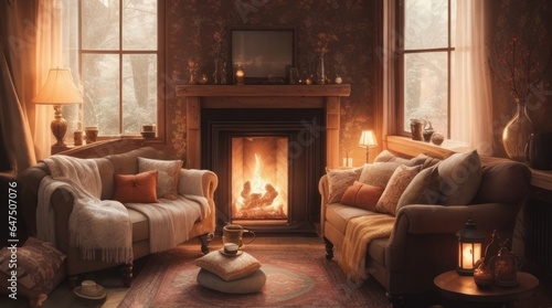 Cozy living room with fireplace and sofas. © Shamim Akhtar