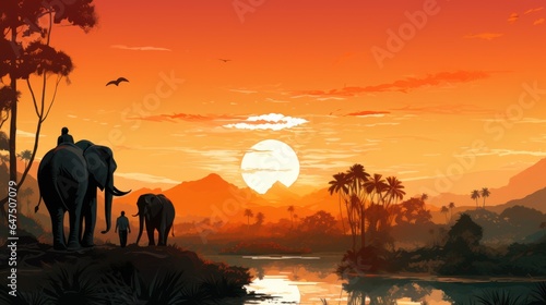 People on elephants travel around in Thailand. With nature in the forest of the Eastern way of life  vector illustration