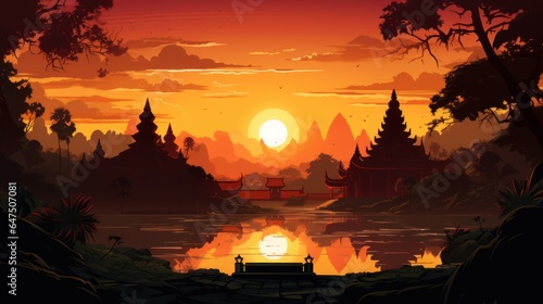 Silhouette temple sunset background.
