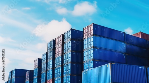 Stack of blue container boxes at cargo station freight shipping for import and export logistics, Business and transportation concept. photo