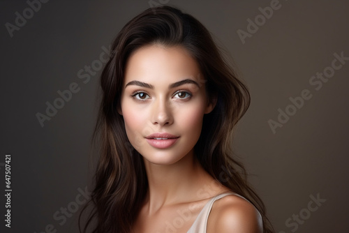 Beauty, make-up and style concept. Simply natural beautiful woman close-up studio portrait. Model looking at camera. Generative AI