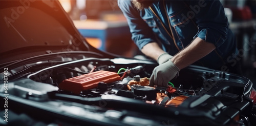 Technician of car mechanic are working in auto repair, Service electric battery and maintenance of car battery.