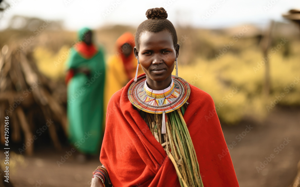 Portrait of woman from the Maasai tribe standing in her village, Tribe, Ancient tribe. Portrait of woman from the Maasai tribe standing in her village, Tribe, Ancient tribe.