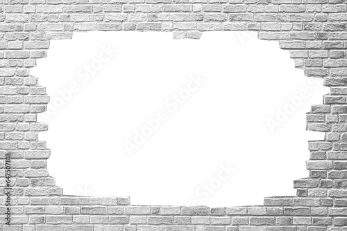 Brick wall with white hole, antique old grunge white and gray texture background.