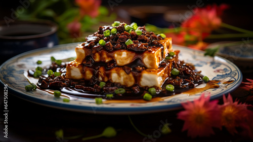 Tofu in black bean sauce: Cubes of soft, creamy tofu bathed in a savory, glossy sauce with fermented black beans. Rich, earthy aroma; a taste explosion of umami and slight saltiness. photo