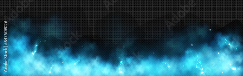 Realistic thunder light and blue smoke cloud bottom frame. Mysterious lightning glow border wide panoramic element. Fluffy magic spell mist glowing with bolt energy charge overlay turquoise design