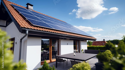 Solar panels on a red roof, home solar electric system, renewable energy and green energy concept. © Sunday Cat Studio