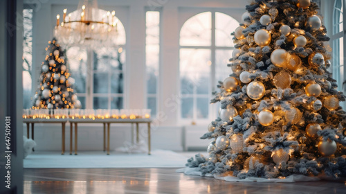 Beautiful Christmas tree and ornaments near window in living room, Christmas background with copy space.