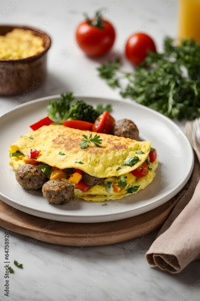 Omelet_with_sausage_and_vegetables_in_white_plate Generated by Ai Omelet_with_sausage_and_vegetables_in_white_plate Generated by Ai