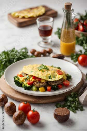 Omelet_with_sausage_and_vegetables_in_white_plate Generated by Ai