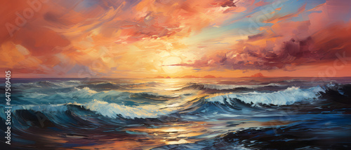 Beautiful seascape with ocean waves and sunset sky. Digital oil color painting.