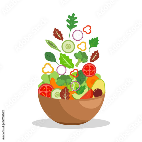 Vegetables in bowl. Salad bar for healthy meal. Vegetarian dish. Healthy food on white background.
