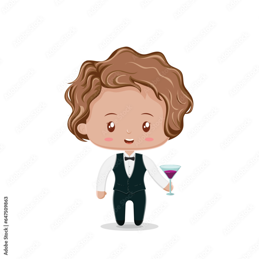 Cute chibi character bartender girl with vest, and drinking glass Cute chibi character bartender girl with vest, and drinking glass