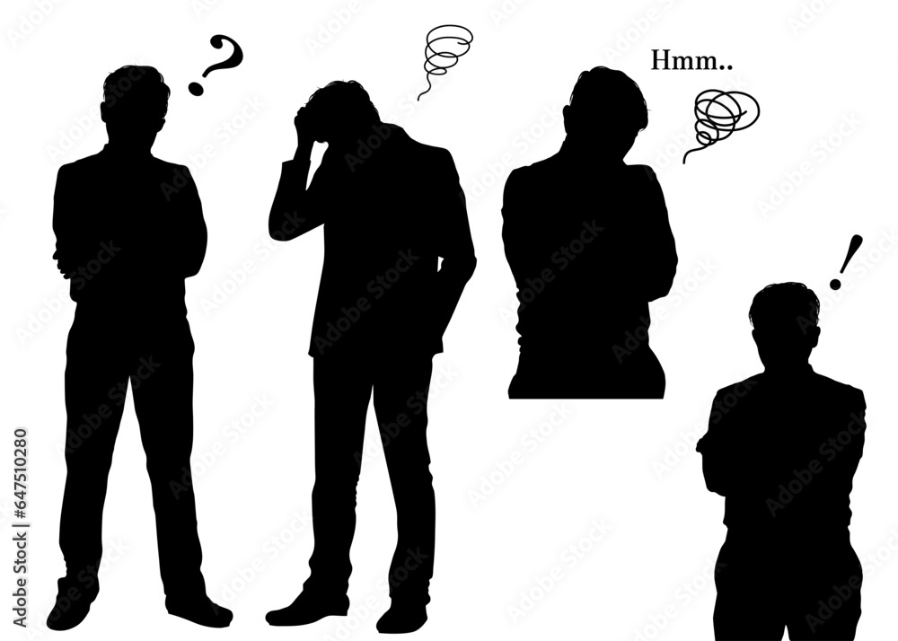 悩む 考える ひらめく 驚く 男性ビジネスマンの感情シルエット 全身 上半身正面のイラストセット