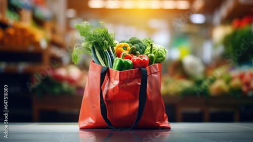Shopping bags with fresh vegetables, eco-friendly food on a wooden table with blurred supermarket aisles in the background.