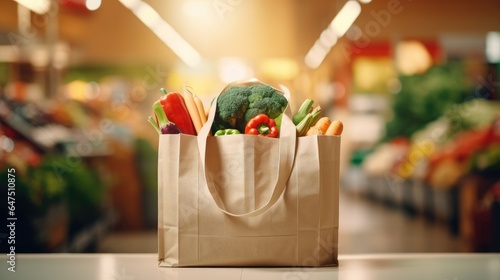Shopping bags with fresh vegetables, eco-friendly food on a wooden table with blurred supermarket aisles in the background.