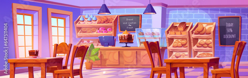 Bakery shop interior with furniture. Vector cartoon illustration of cafe with wooden tables and chairs, sweet cake, buns, donuts, fresh baguettes on shelves, computer on cash desk, menu boards on wall