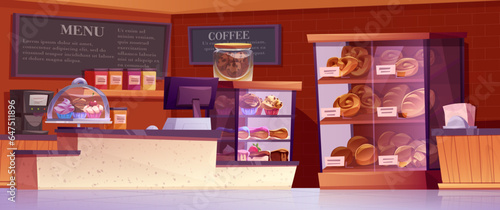 Modern cafe with fresh pastry on shelves. Vector cartoon illustration of bakery shop interior, sweet cakes, buns, muffins, cookies, fresh bread on display, computer on cash desk, menu boards on wall