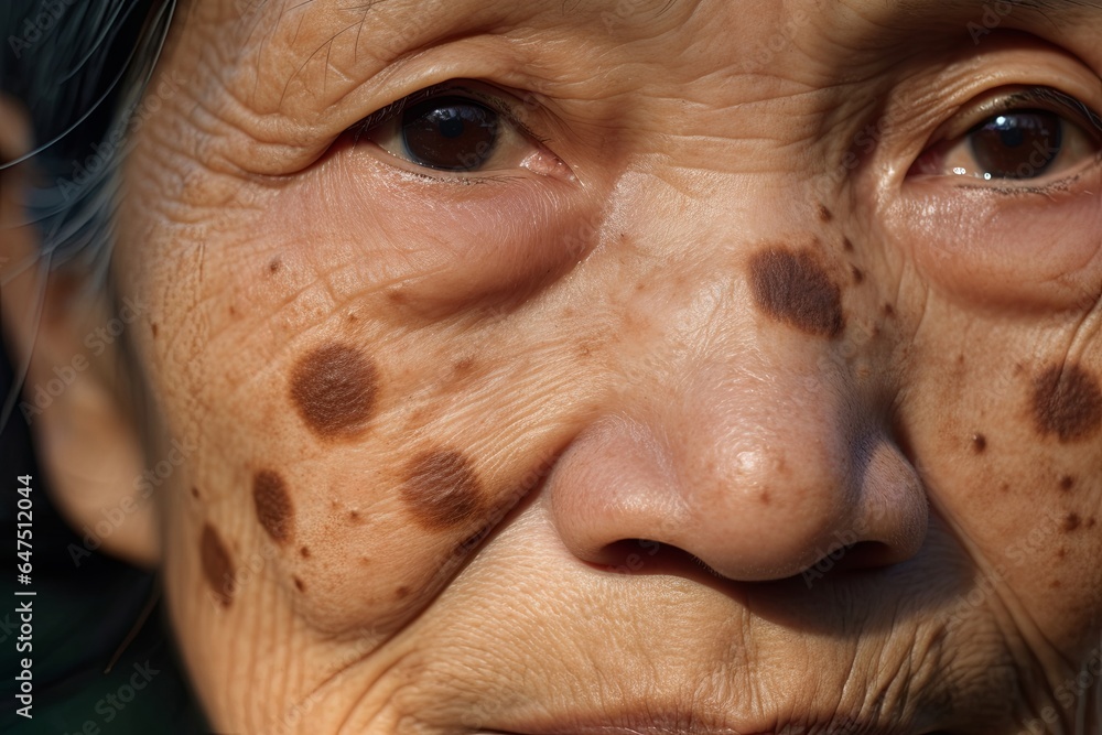 Small brown patches called age spots on face of Asian elder woman. They are also called liver spots, senile lentigo, or sun spots, Generative AI - obrazy, fototapety, plakaty 
