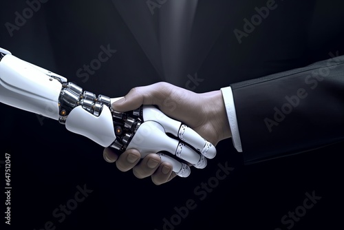 Robot and businessman hands in handshake. AI technology development and human robot relationships, Generative AI