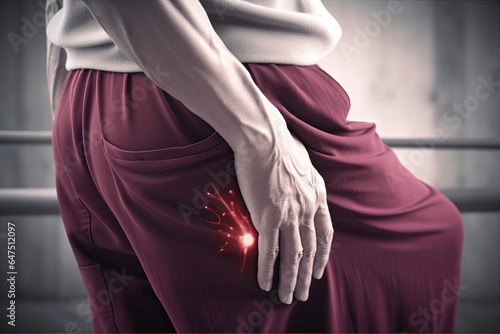 Thigh pain in Asian male patient. Concept of sciatica or sciatic nerve pain, Generative AI photo