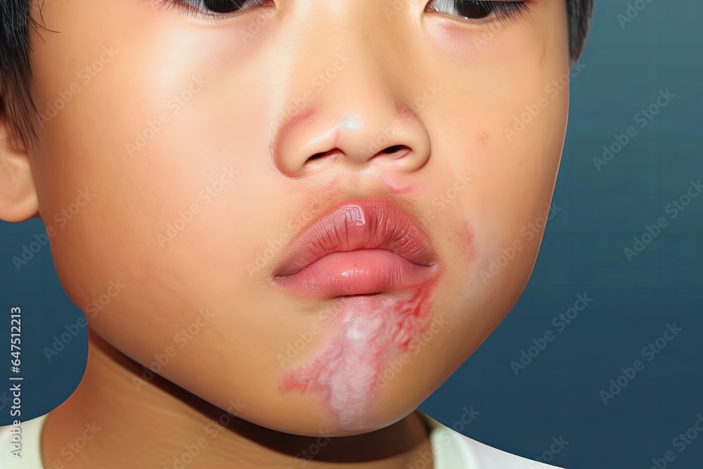 Angioedema at lips of Asian male child. Edematous child. Caused by drug