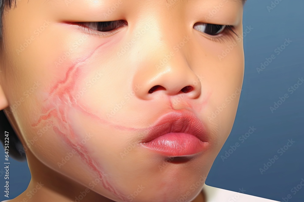 Angioedema at lips of Asian male child. Edematous child. Caused by drug