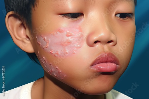 Angioedema at lips of Asian male child. Edematous child. Caused by drug, seafood or chemical allergy and insect bite. Lateral view, Generative AI photo