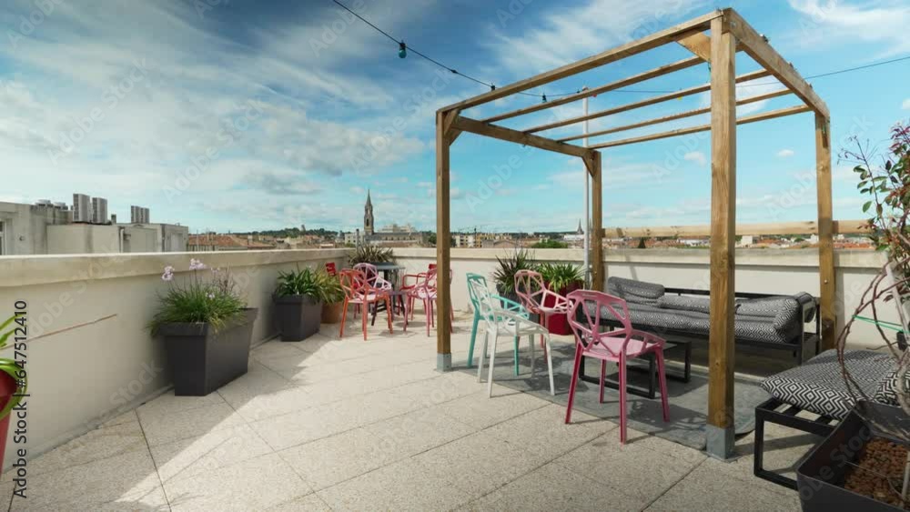 Garden shared open roof lounge terrace with beautiful sky backdrop Garden shared open roof lounge terrace with beautiful sky backdrop